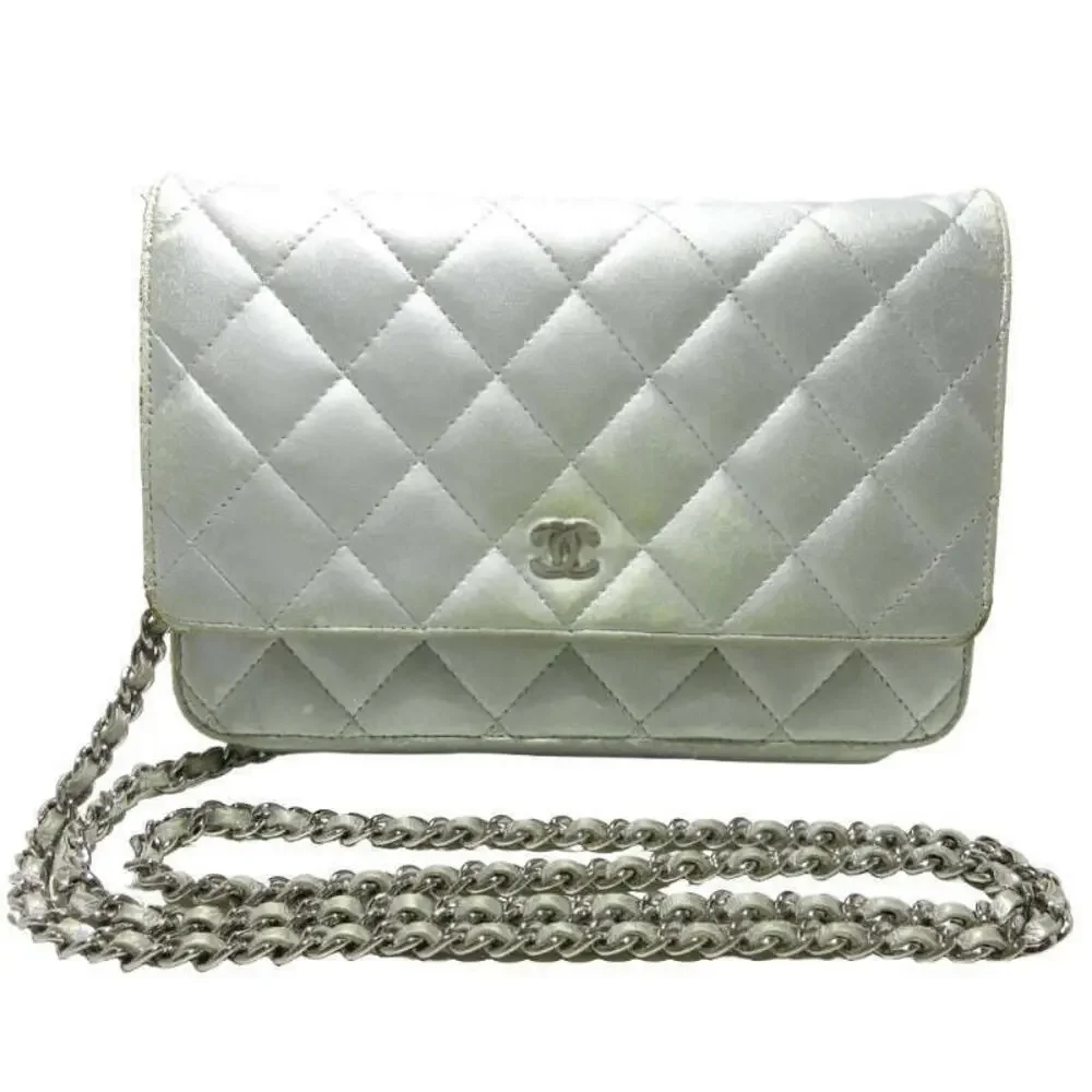 CHANEL Lambskin Quilted Wallet On Chain WOC Silver 15*